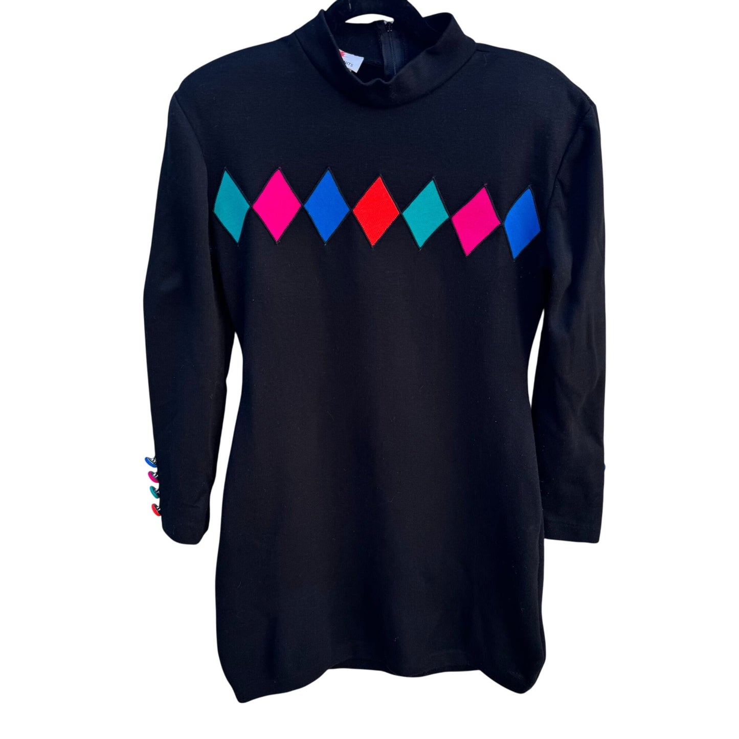 Scarlett Knits Vintage 80s Black Diamond Pattern Mock Neck Back Zip Tunic Dress