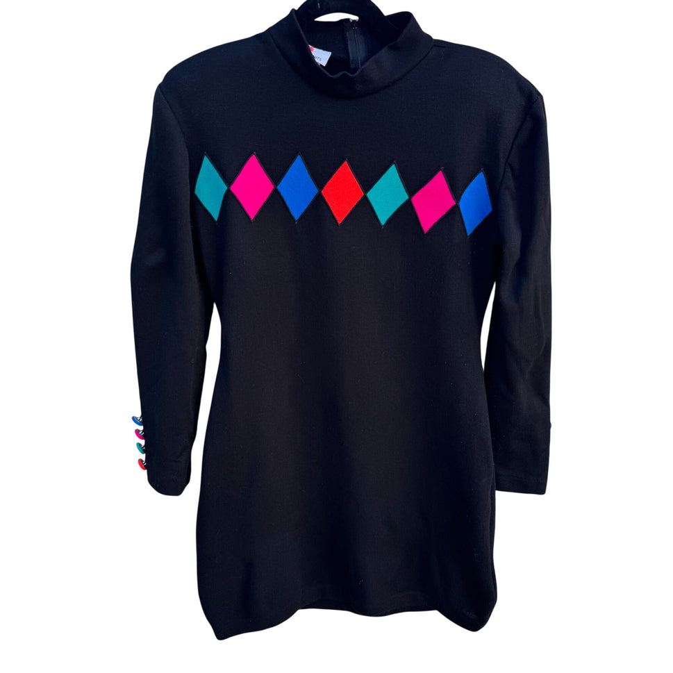 Scarlett Knits Vintage 80s Black Diamond Pattern Mock Neck Back Zip Tunic Dress