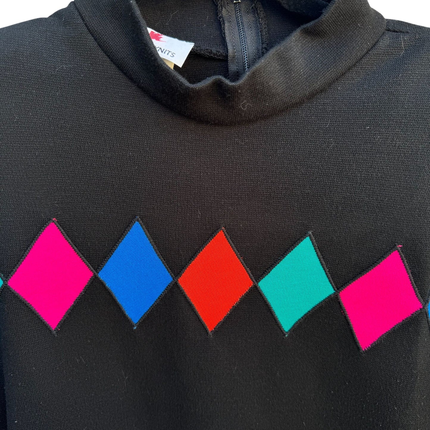 Scarlett Knits Vintage 80s Black Diamond Pattern Mock Neck Back Zip Tunic Dress