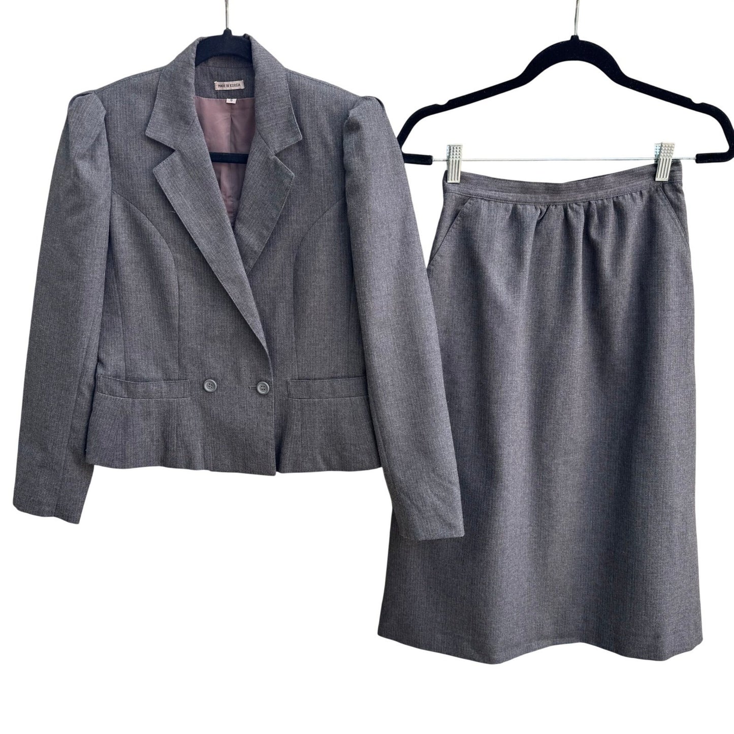 Haberdasher Vintage 70s Gray Red Pinstripe Wool Blend Skirt Suit Set Blazer XS