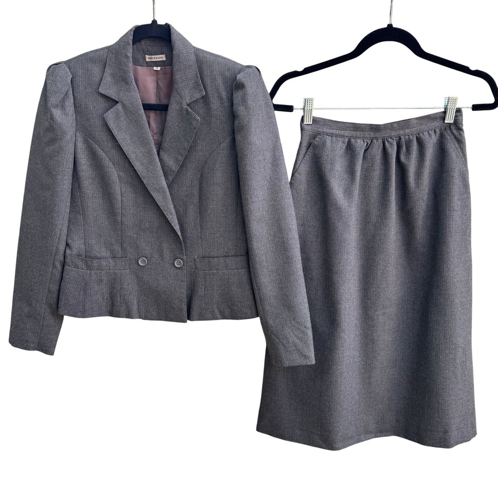 Haberdasher Vintage 70s Gray Red Pinstripe Wool Blend Skirt Suit Set Blazer XS