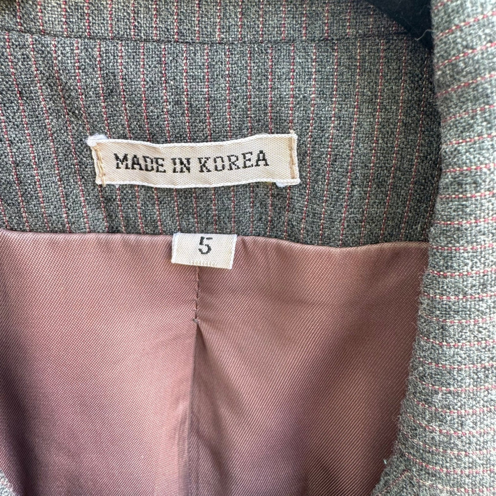 Haberdasher Vintage 70s Gray Red Pinstripe Wool Blend Skirt Suit Set Blazer XS