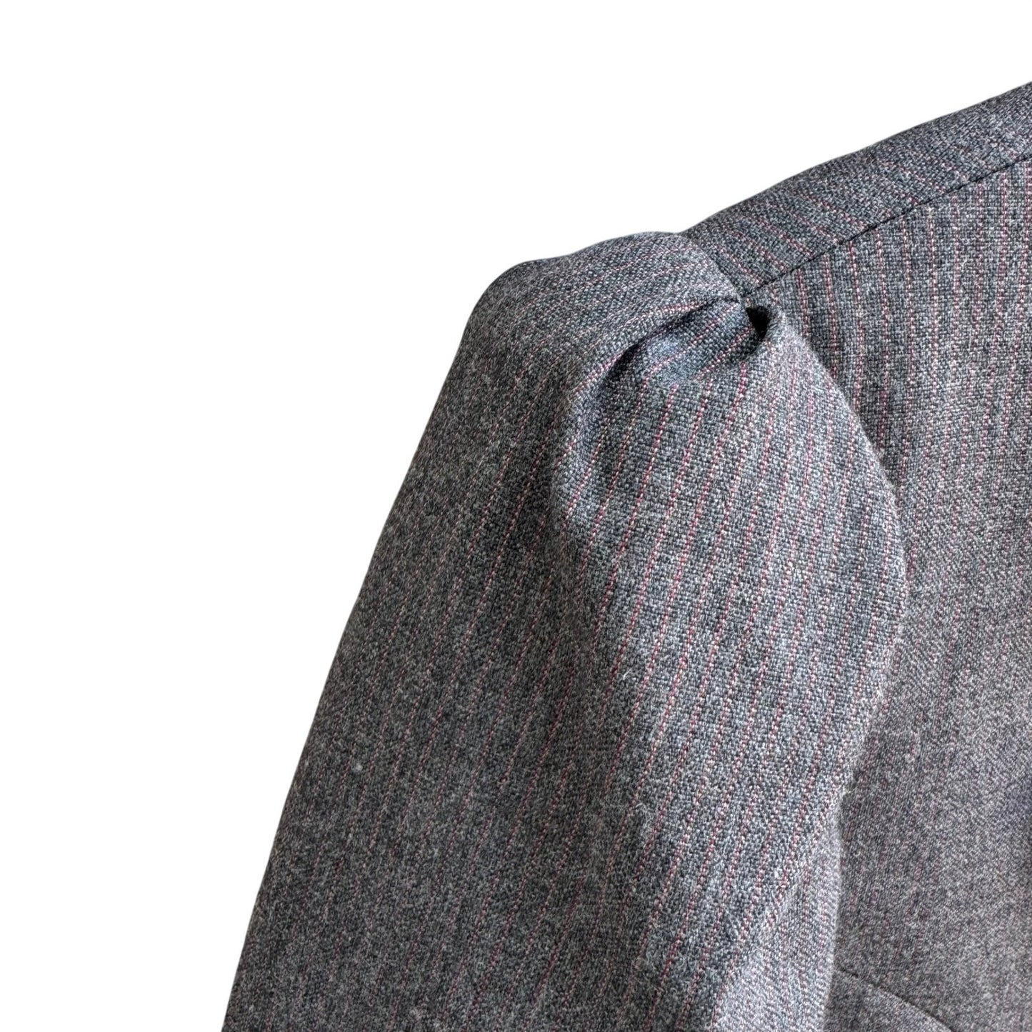 Haberdasher Vintage 70s Gray Red Pinstripe Wool Blend Skirt Suit Set Blazer XS