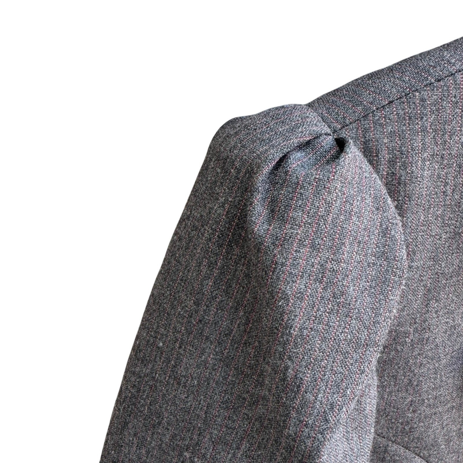 Haberdasher Vintage 70s Gray Red Pinstripe Wool Blend Skirt Suit Set Blazer XS