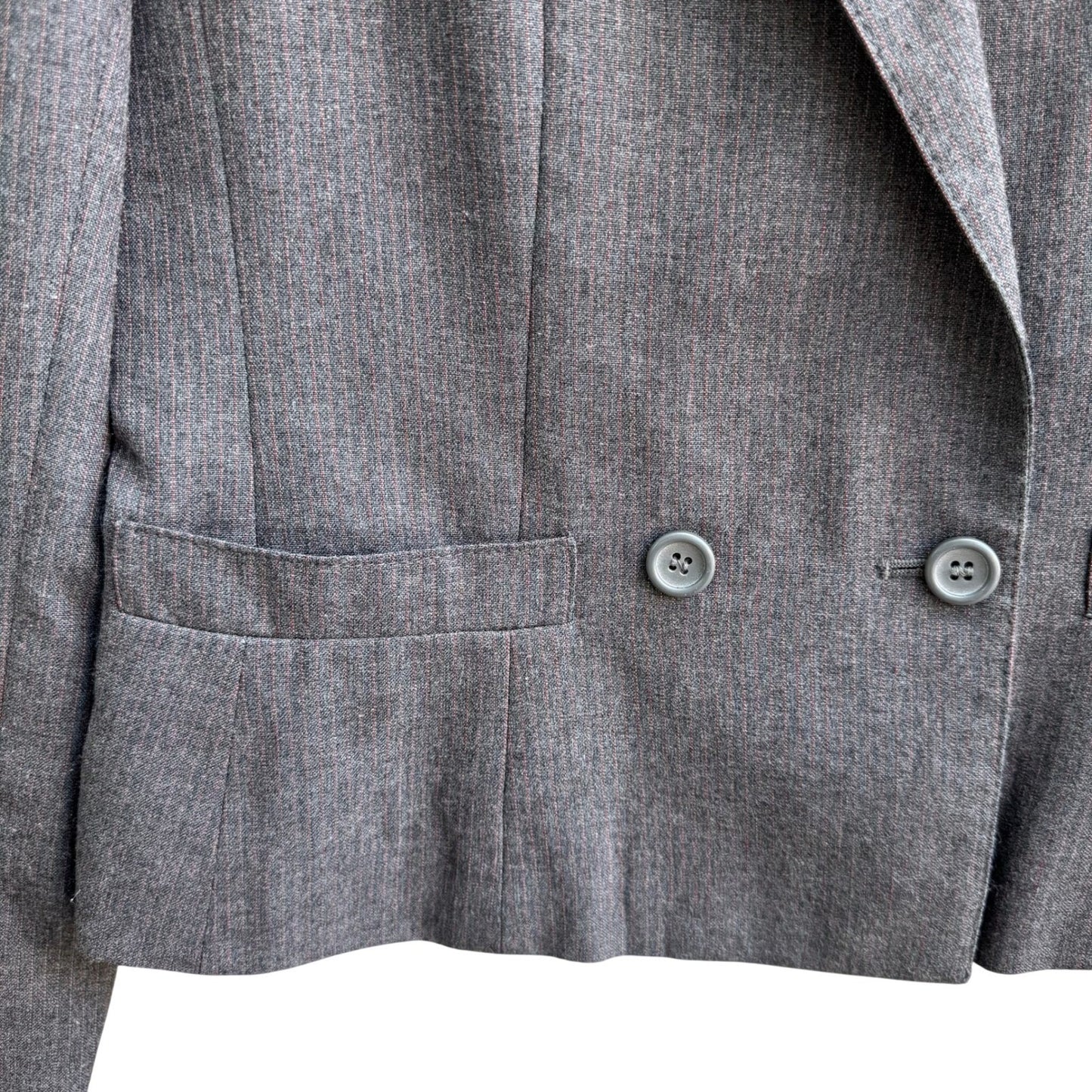 Haberdasher Vintage 70s Gray Red Pinstripe Wool Blend Skirt Suit Set Blazer XS