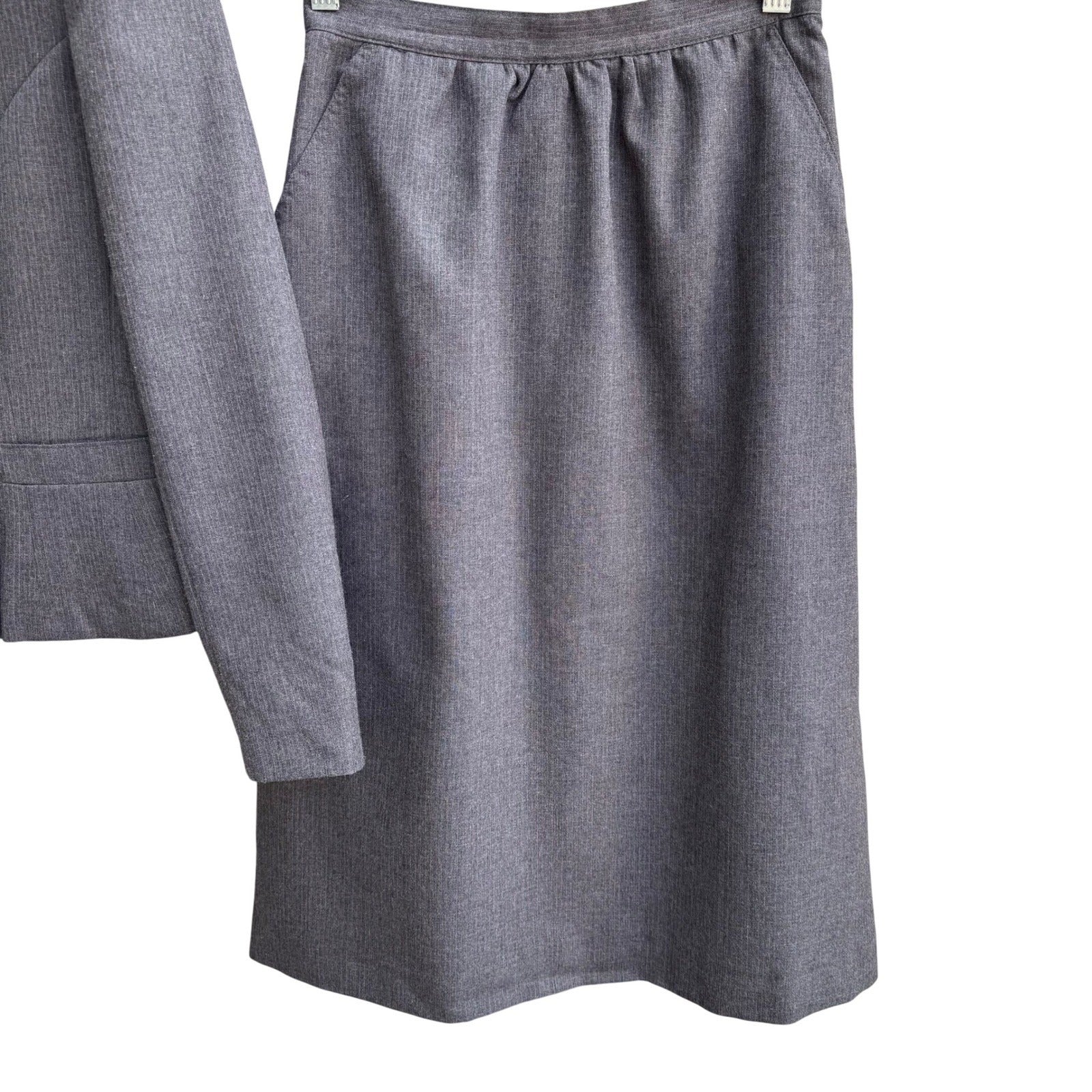 Haberdasher Vintage 70s Gray Red Pinstripe Wool Blend Skirt Suit Set Blazer XS