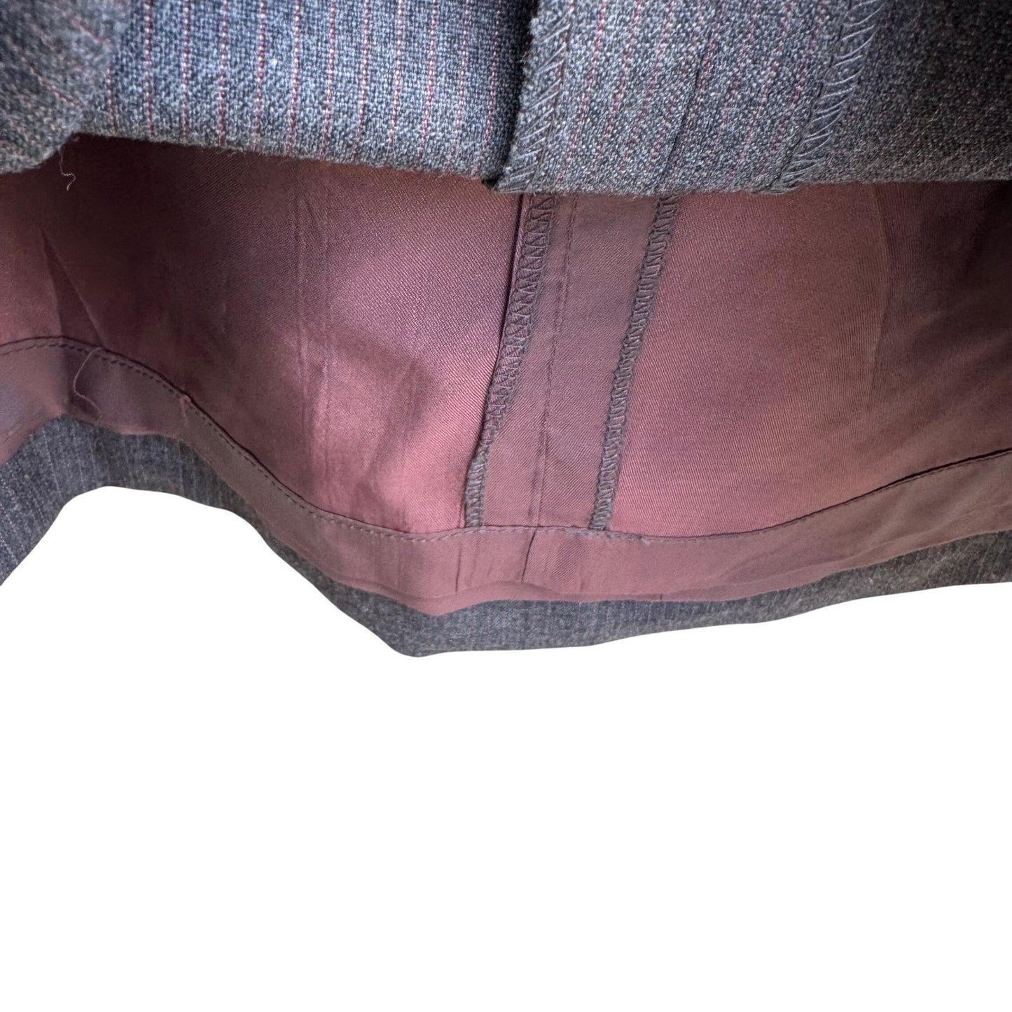 Haberdasher Vintage 70s Gray Red Pinstripe Wool Blend Skirt Suit Set Blazer XS