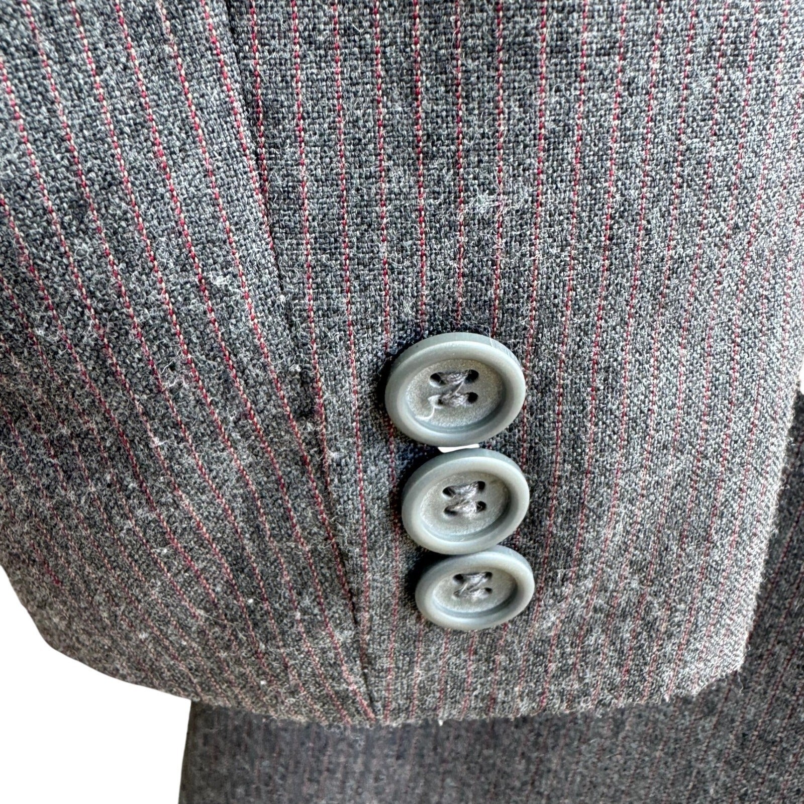 Haberdasher Vintage 70s Gray Red Pinstripe Wool Blend Skirt Suit Set Blazer XS