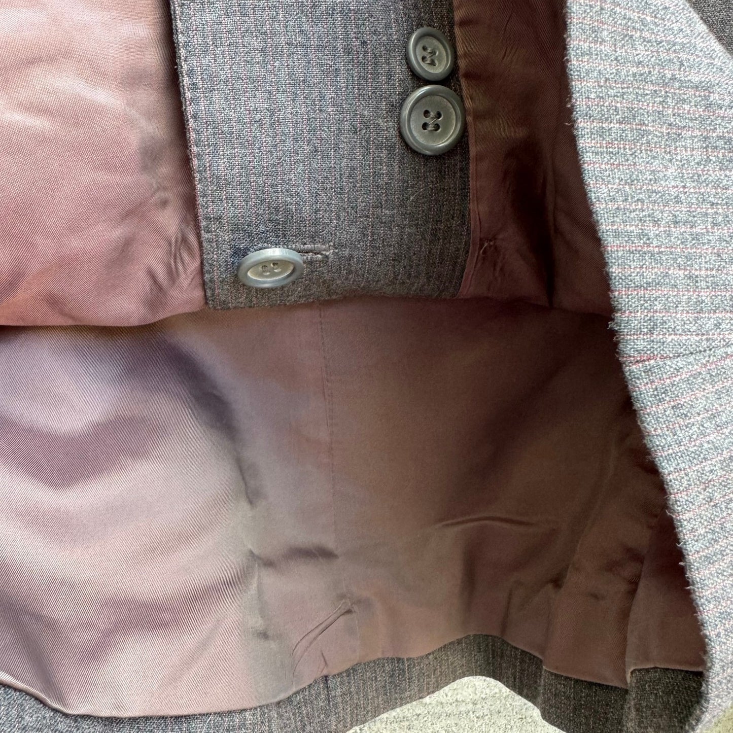 Haberdasher Vintage 70s Gray Red Pinstripe Wool Blend Skirt Suit Set Blazer XS