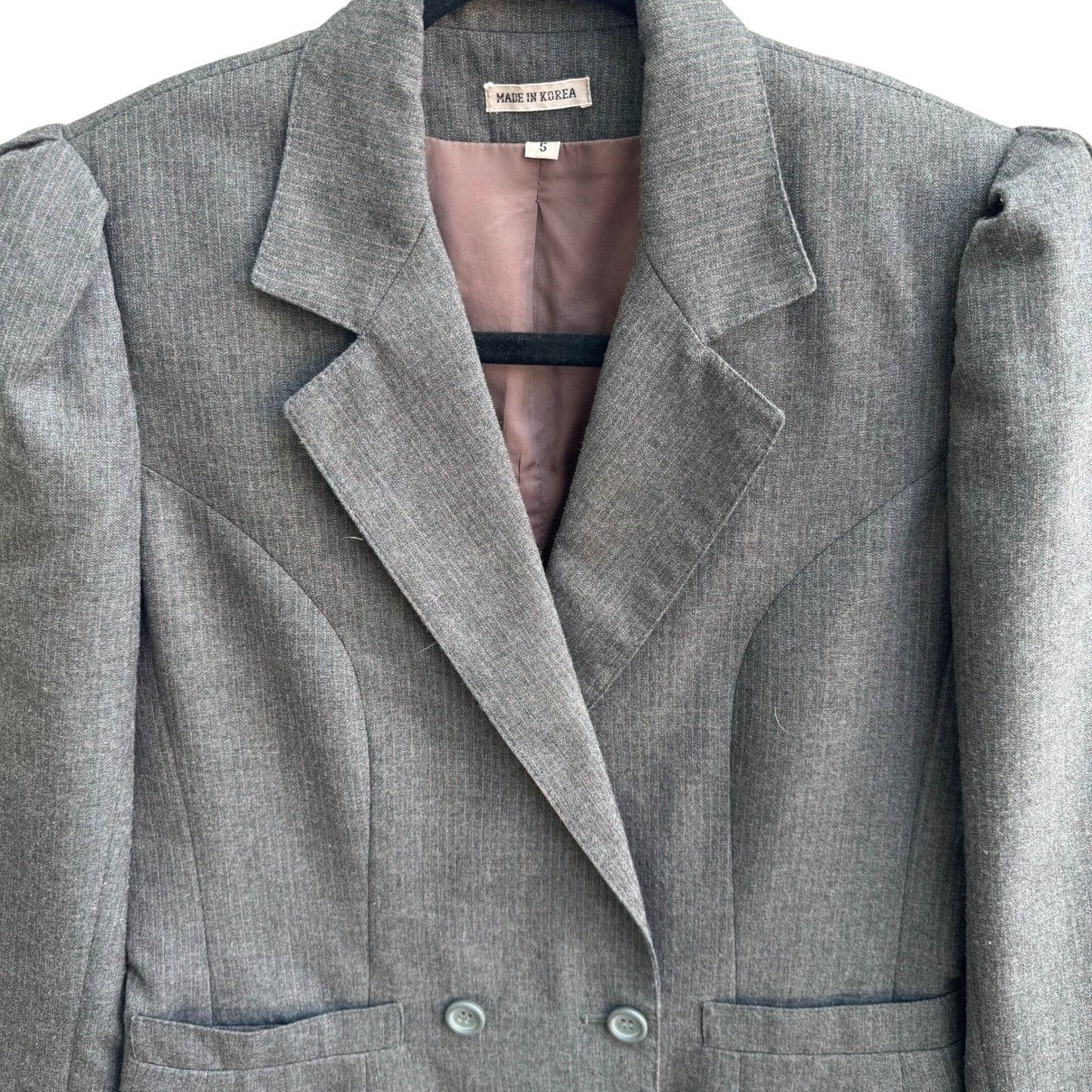 Haberdasher Vintage 70s Gray Red Pinstripe Wool Blend Skirt Suit Set Blazer XS