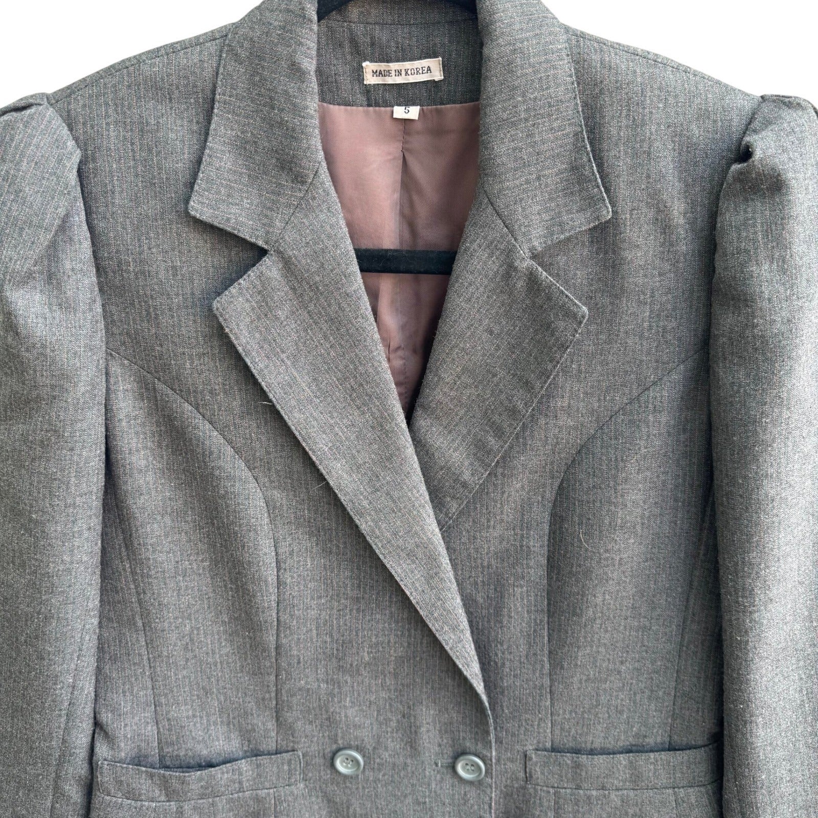 Haberdasher Vintage 70s Gray Red Pinstripe Wool Blend Skirt Suit Set Blazer XS