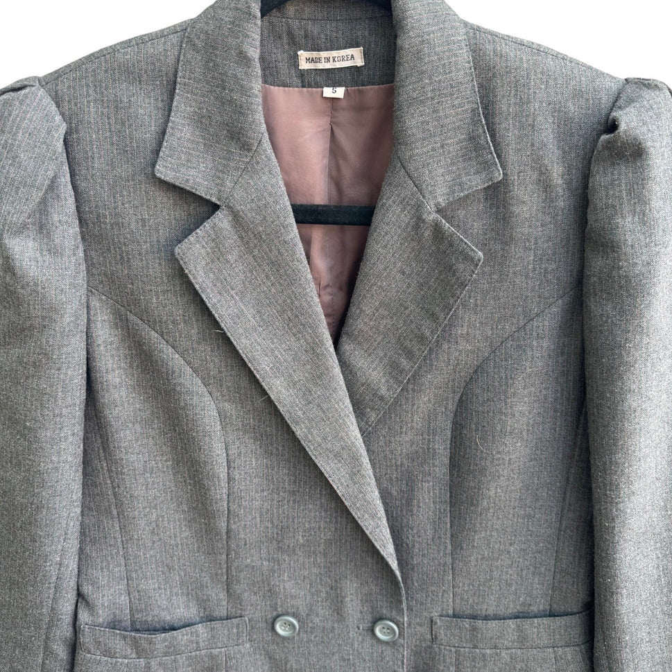 Haberdasher Vintage 70s Gray Red Pinstripe Wool Blend Skirt Suit Set Blazer XS