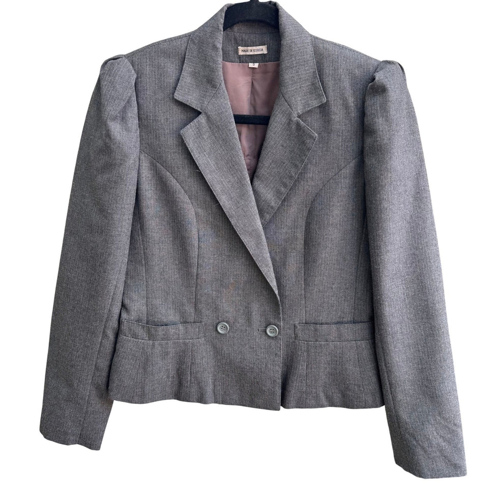 Haberdasher Vintage 70s Gray Red Pinstripe Wool Blend Skirt Suit Set Blazer XS