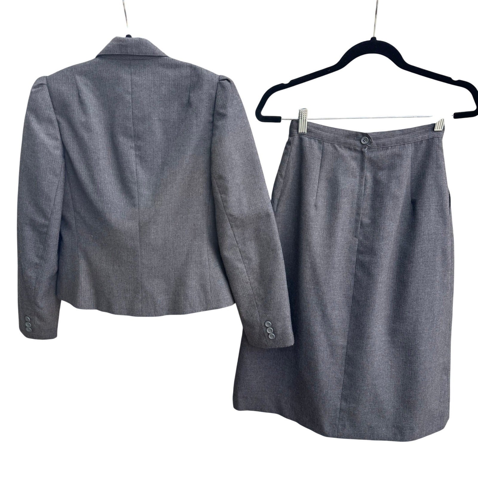 Haberdasher Vintage 70s Gray Red Pinstripe Wool Blend Skirt Suit Set Blazer XS