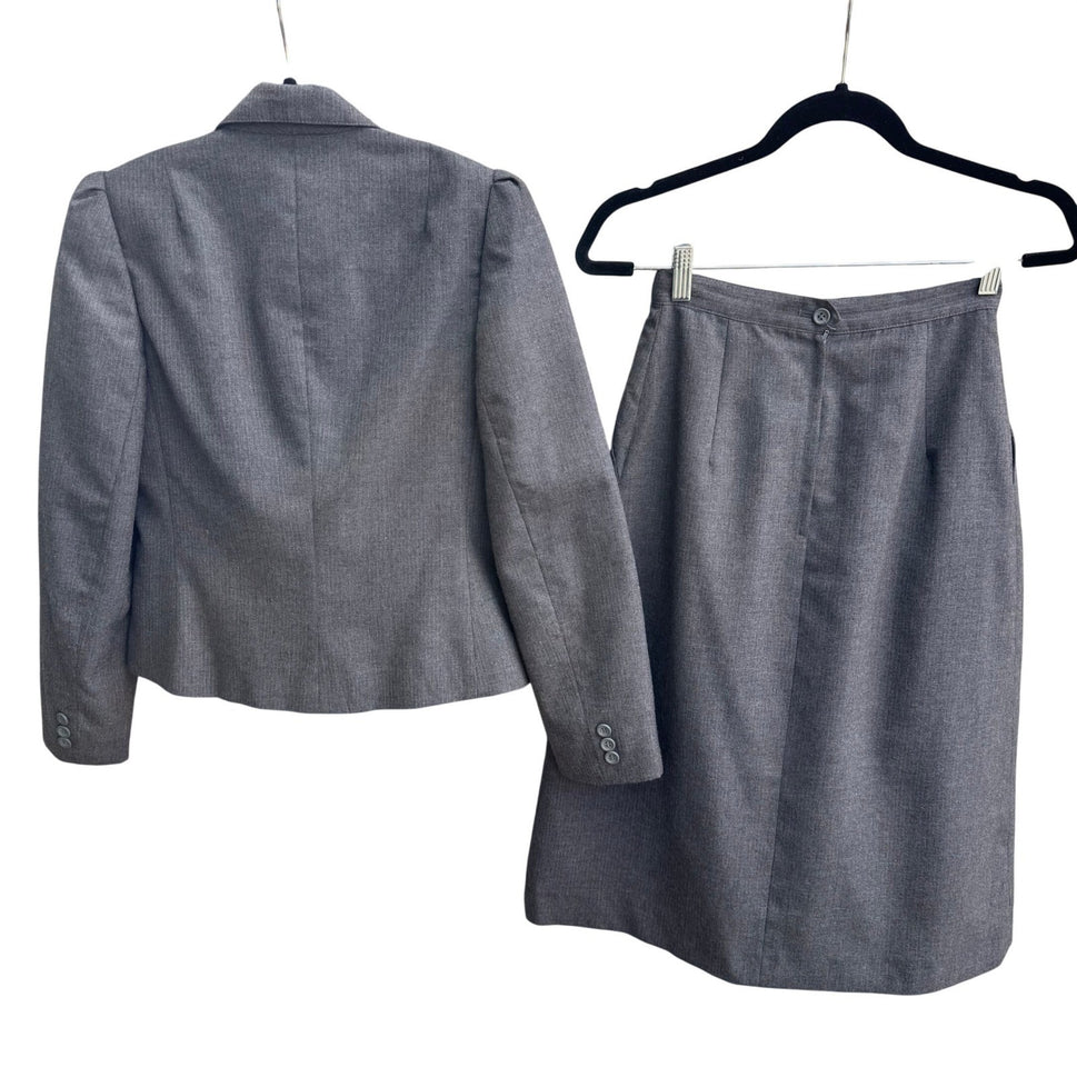 Haberdasher Vintage 70s Gray Red Pinstripe Wool Blend Skirt Suit Set Blazer XS