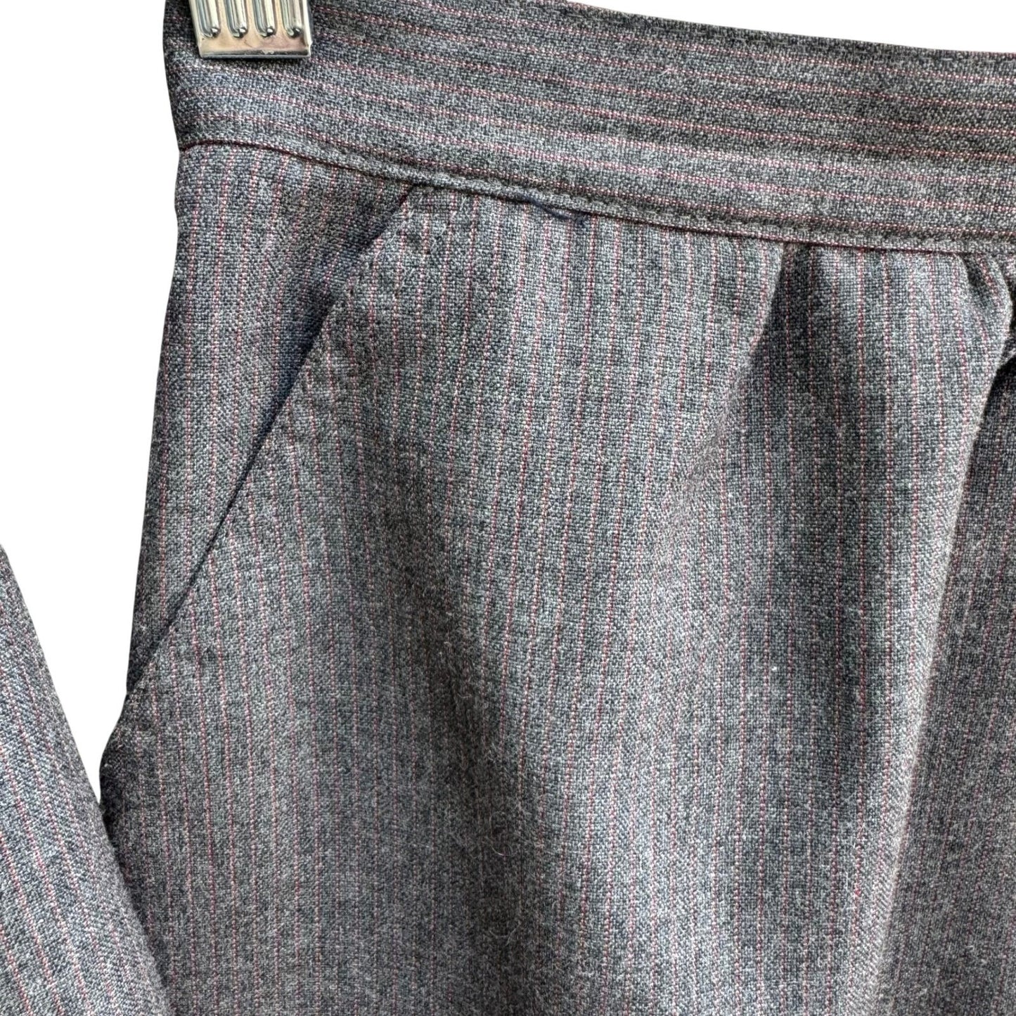 Haberdasher Vintage 70s Gray Red Pinstripe Wool Blend Skirt Suit Set Blazer XS