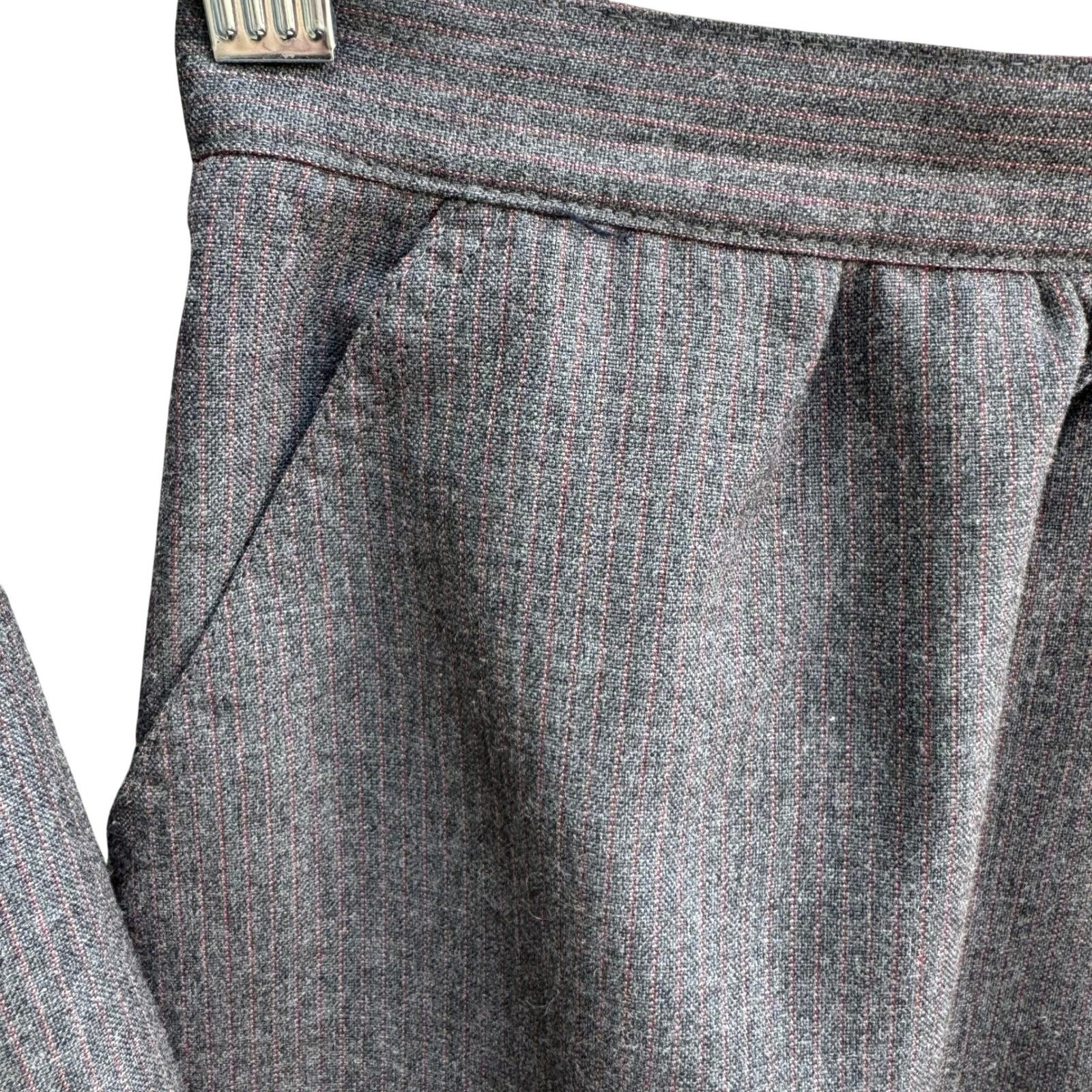 Haberdasher Vintage 70s Gray Red Pinstripe Wool Blend Skirt Suit Set Blazer XS