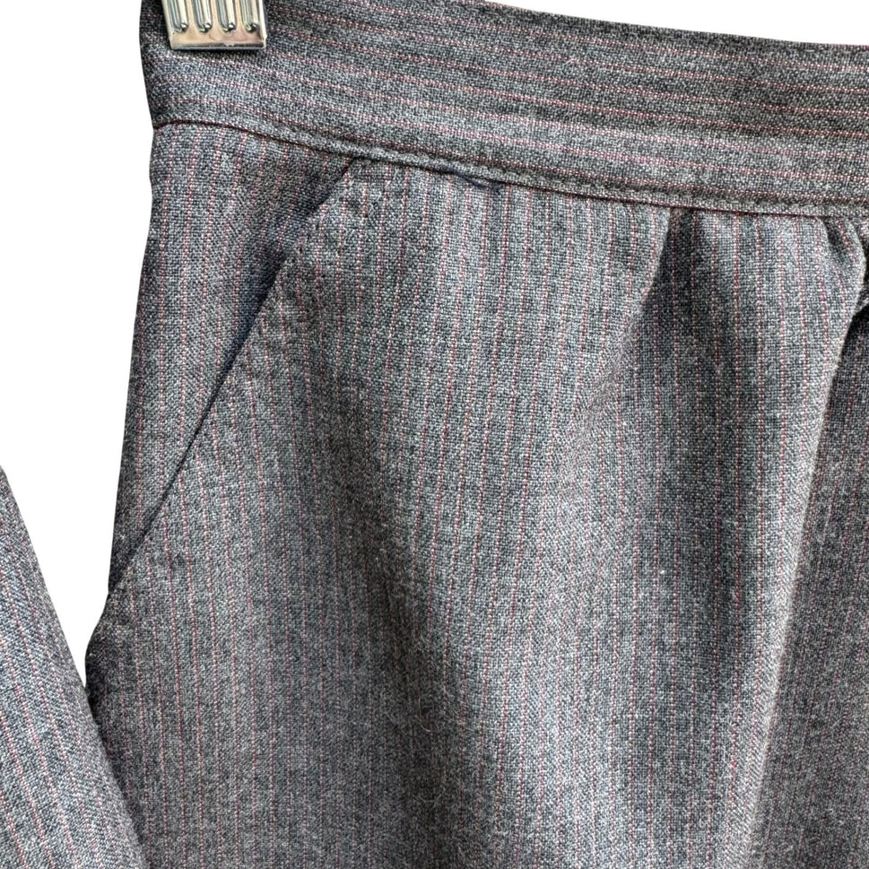 Haberdasher Vintage 70s Gray Red Pinstripe Wool Blend Skirt Suit Set Blazer XS