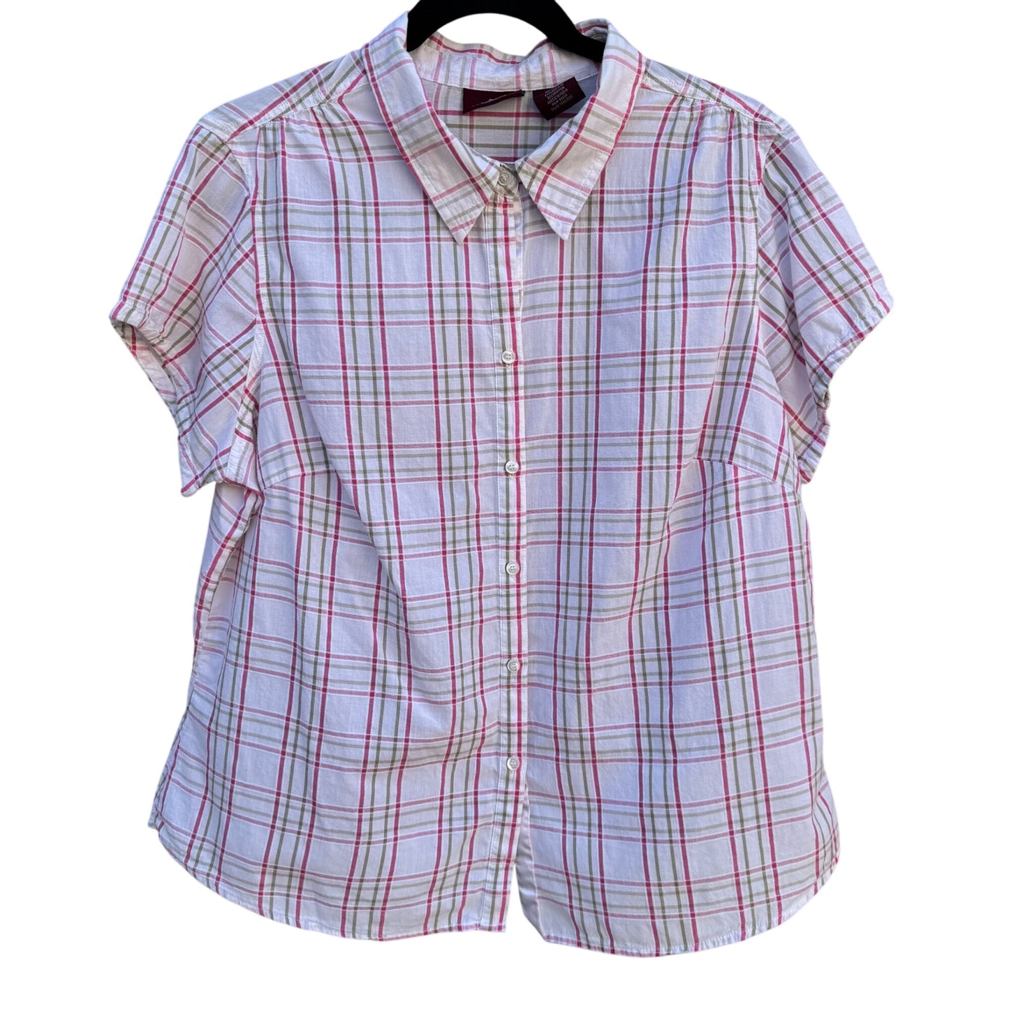 Jordache Vintage 80s Womens Pink Plaid Short Cap Sleeve Button-Up Shirt Blouse