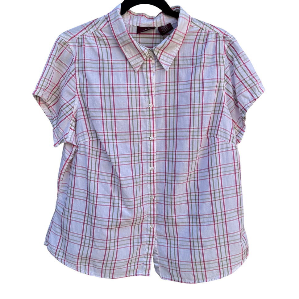 Jordache Vintage 80s Womens Pink Plaid Short Cap Sleeve Button-Up Shirt Blouse