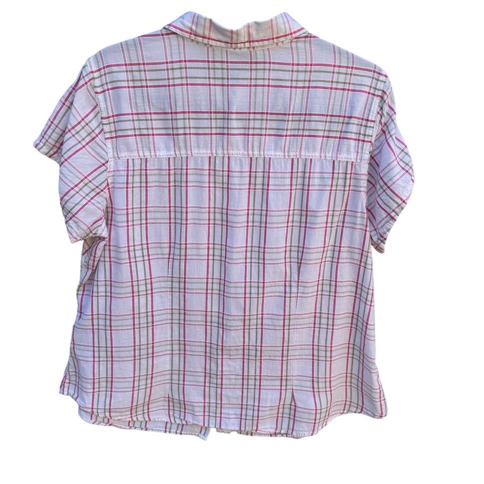 Jordache Vintage 80s Womens Pink Plaid Short Cap Sleeve Button-Up Shirt Blouse