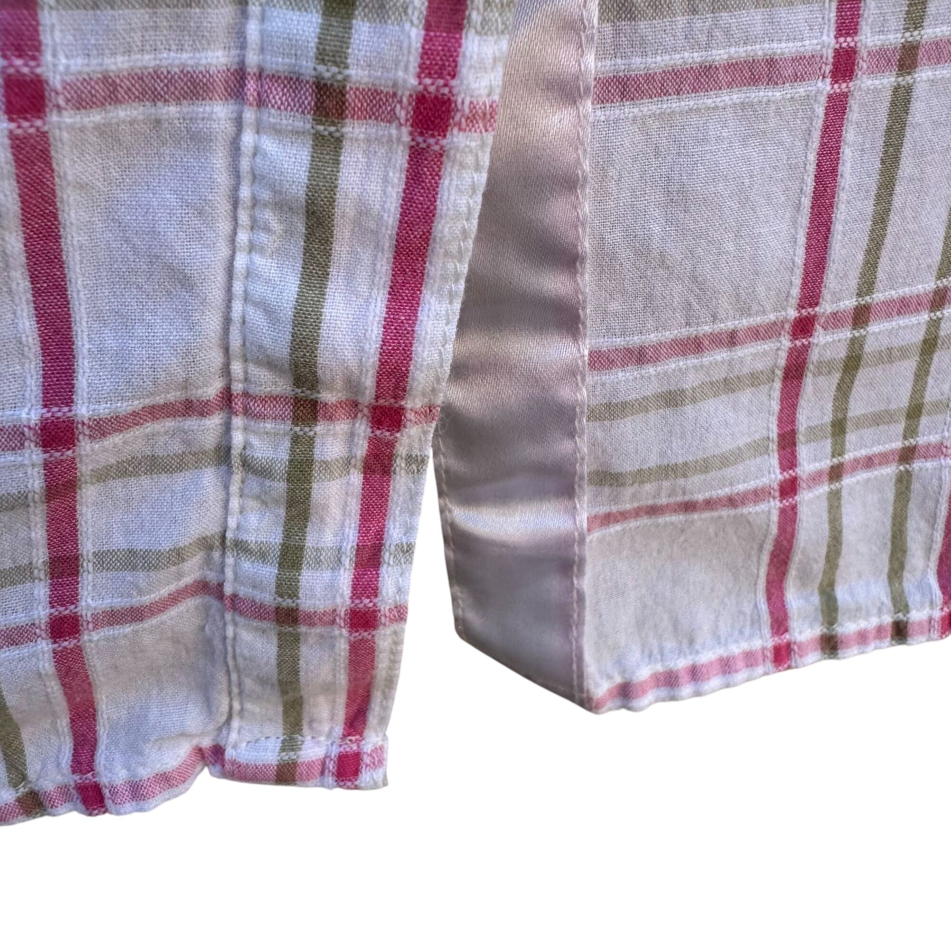 Jordache Vintage 80s Womens Pink Plaid Short Cap Sleeve Button-Up Shirt Blouse