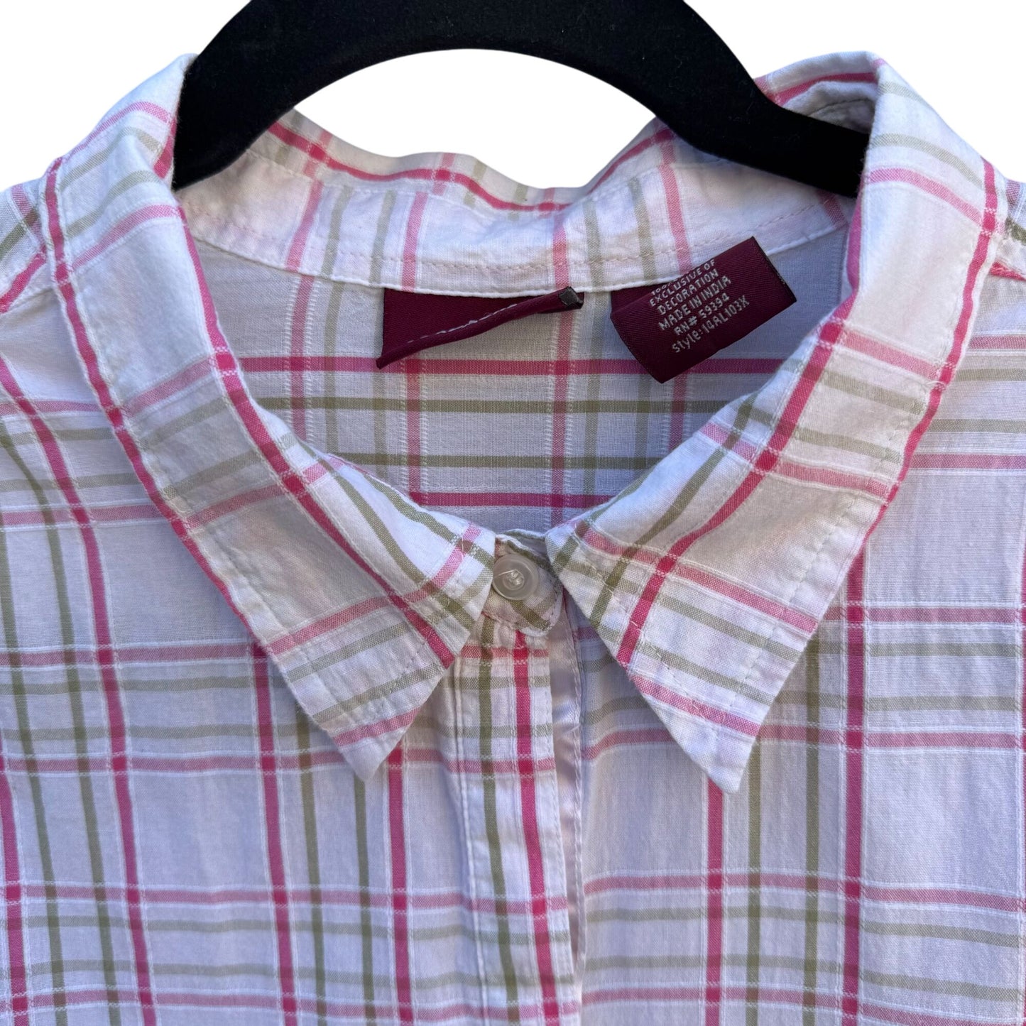 Jordache Vintage 80s Womens Pink Plaid Short Cap Sleeve Button-Up Shirt Blouse