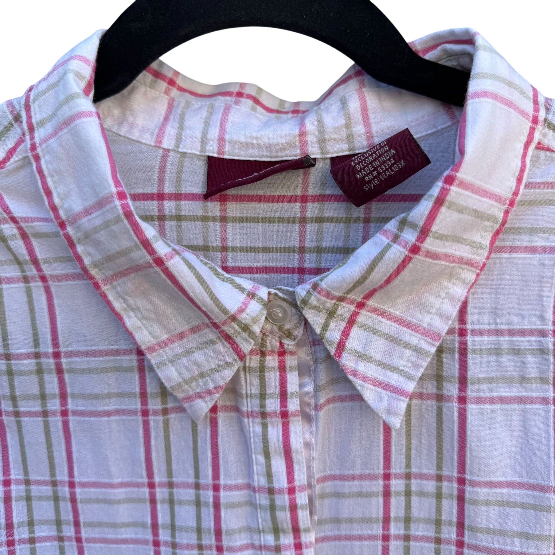Jordache Vintage 80s Womens Pink Plaid Short Cap Sleeve Button-Up Shirt Blouse
