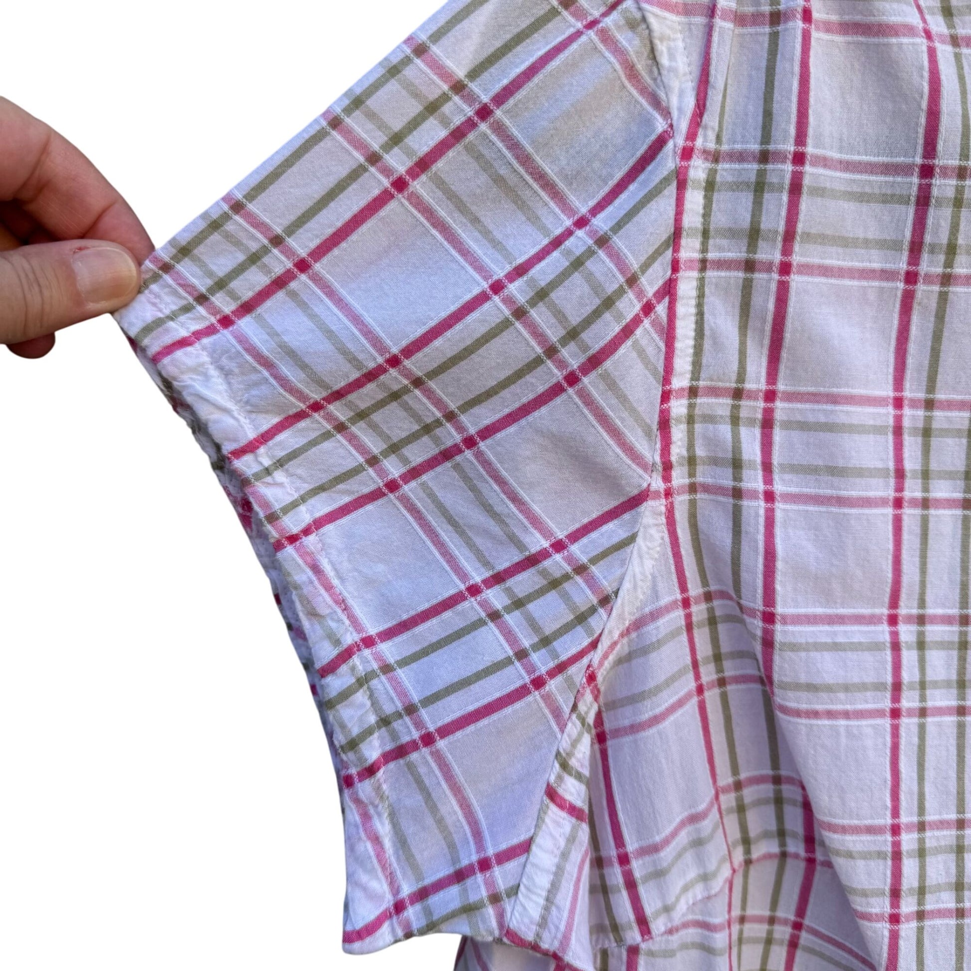 Jordache Vintage 80s Womens Pink Plaid Short Cap Sleeve Button-Up Shirt Blouse