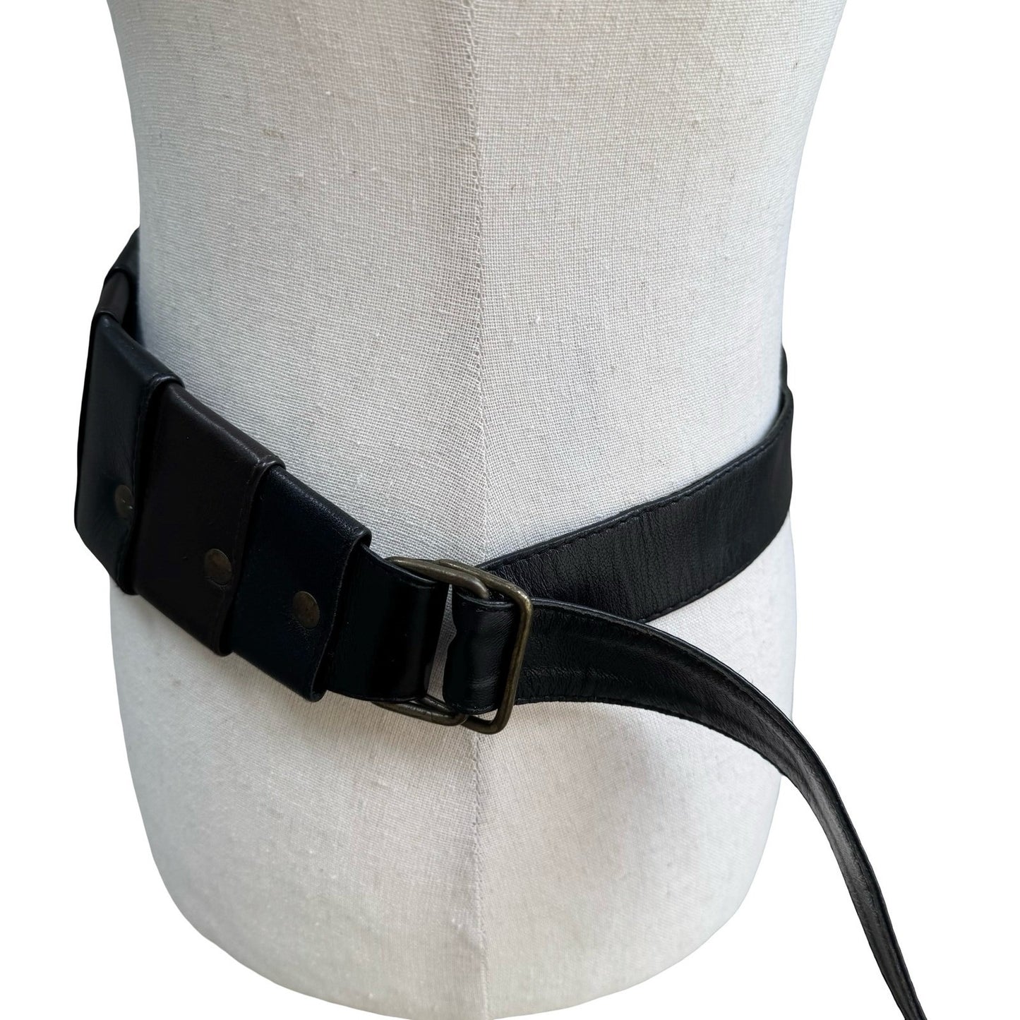 Vintage Black Leather Wide Waist Cinch Belt Studded Antique Brass Buckle Paneled
