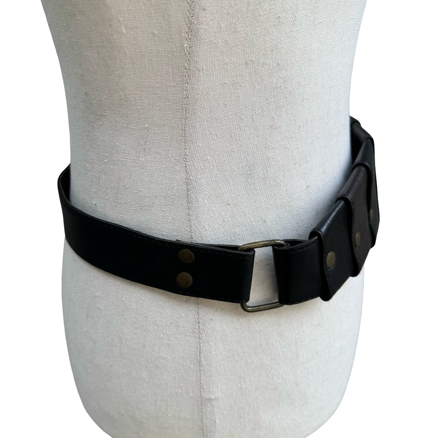 Vintage Black Leather Wide Waist Cinch Belt Studded Antique Brass Buckle Paneled
