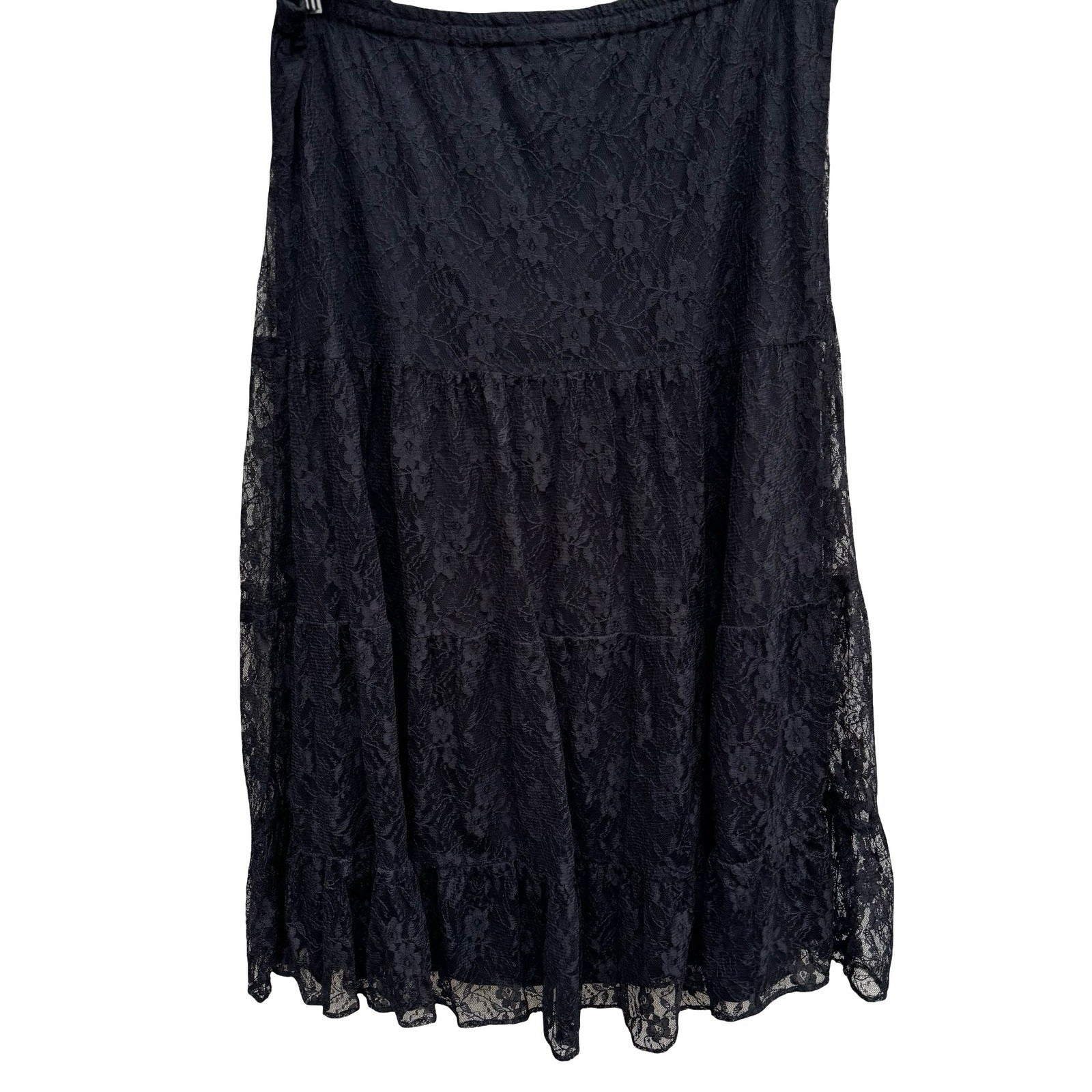 Steampunk Black Floral Lace Tiered Midi Skirt Womens M Witchy Gothic Whimsigoth