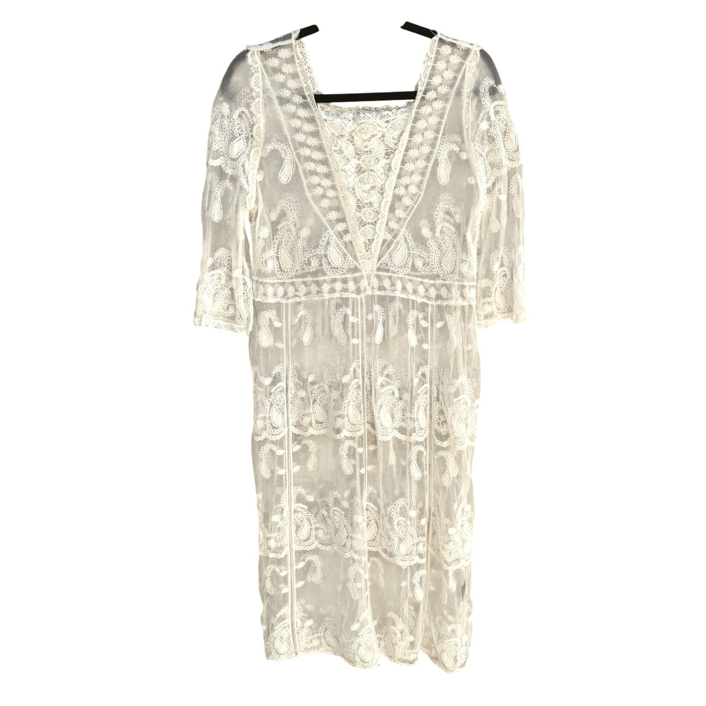 Pol Boho White Lace Sheer Floral Embroidery 3/4 Sleeves V-Neck Midi Coverup Dress