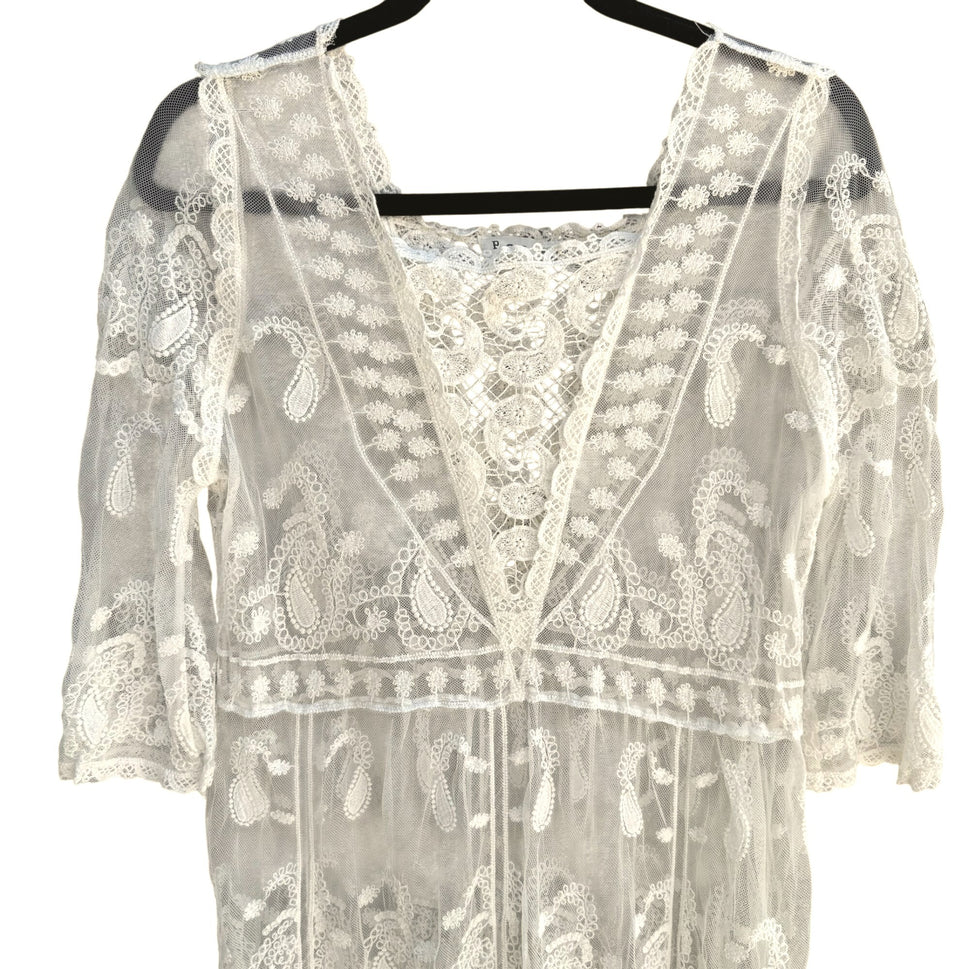 Pol Boho White Lace Sheer Floral Embroidery 3/4 Sleeves V-Neck Midi Coverup Dress