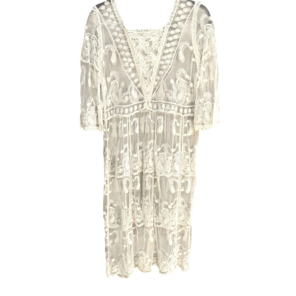 Pol Boho White Lace Sheer Floral Embroidery 3/4 Sleeves V-Neck Midi Coverup Dress