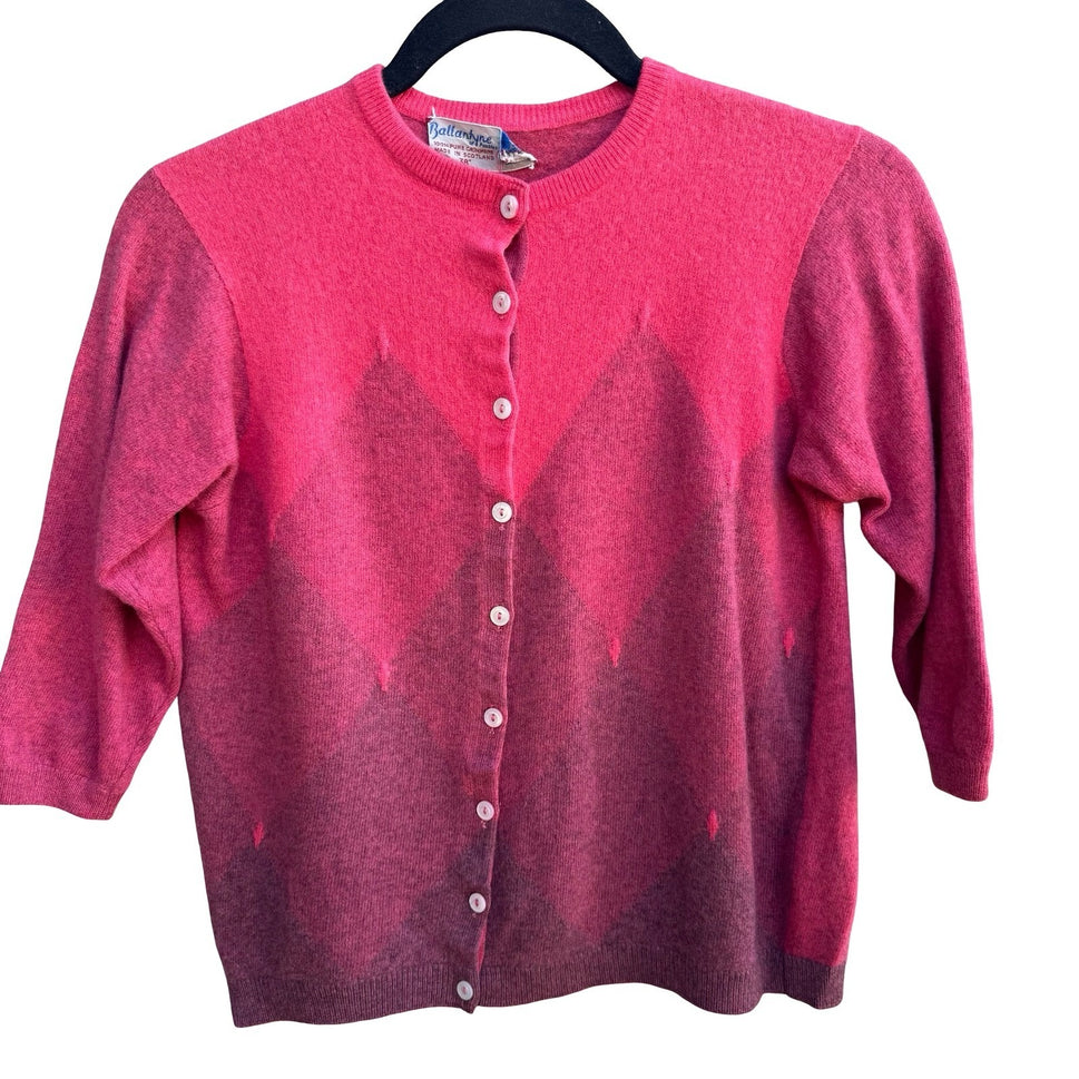 Ballantyne Peebles Vintage Argyle 100% Scottish Preppy Cashmere Cardigan Pink S