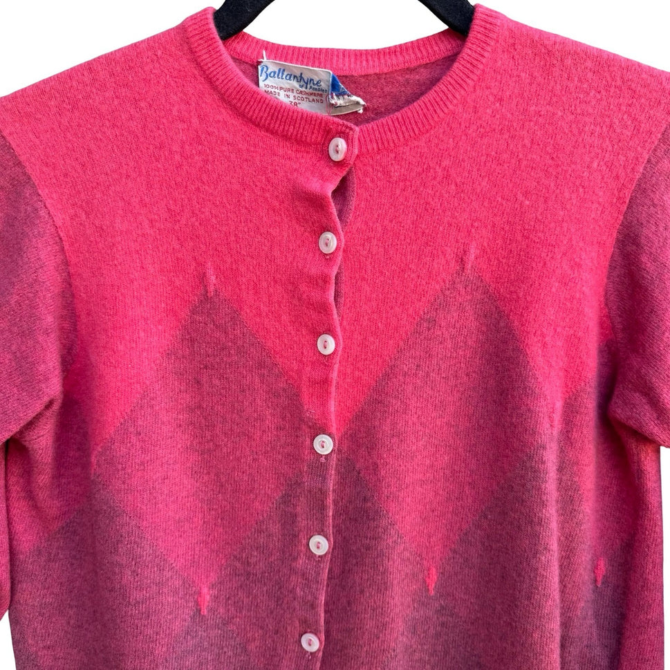 Ballantyne Peebles Vintage Argyle 100% Scottish Preppy Cashmere Cardigan Pink S