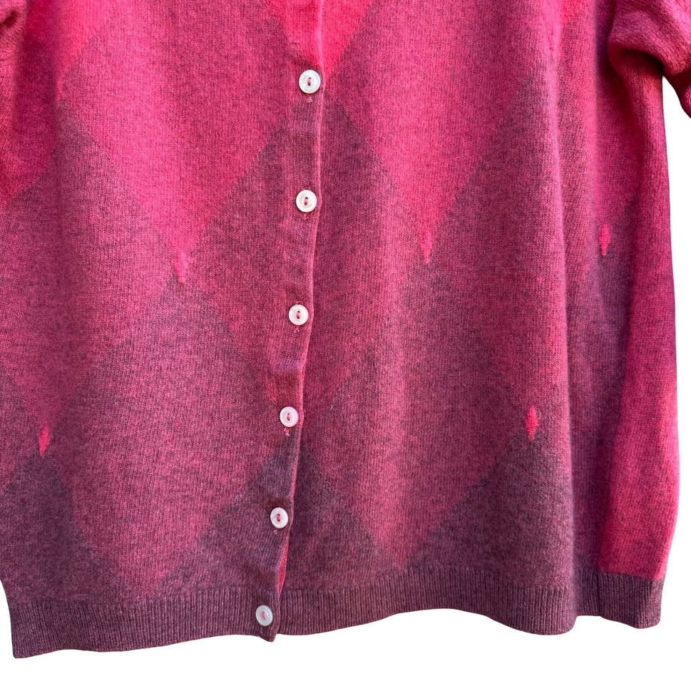Ballantyne Peebles Vintage Argyle 100% Scottish Preppy Cashmere Cardigan Pink S