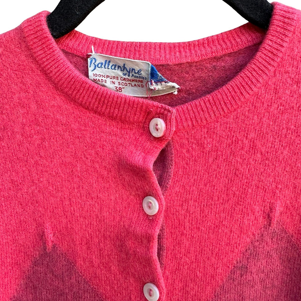 Ballantyne Peebles Vintage Argyle 100% Scottish Preppy Cashmere Cardigan Pink S