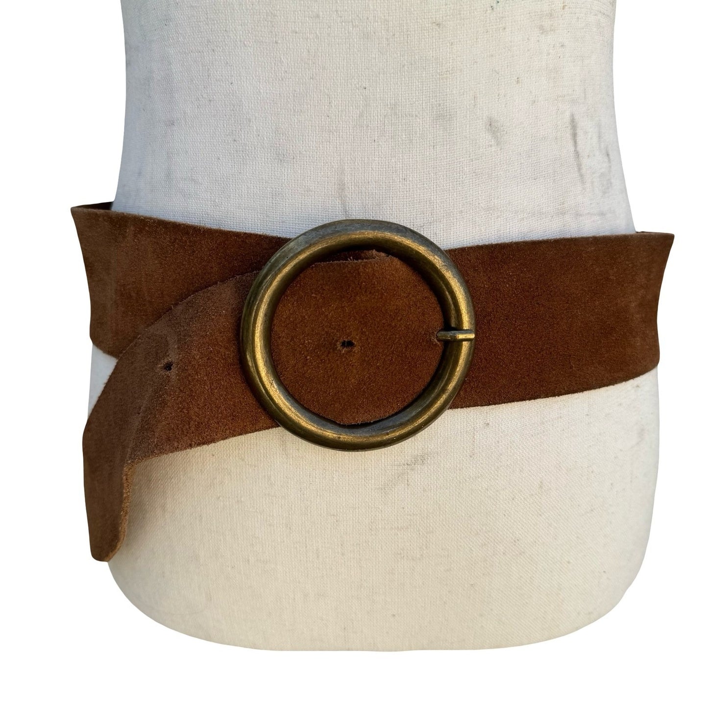 Agnes b Brown Suede Leather Wide Belt Made in France Brass Circle Buckle Size 80