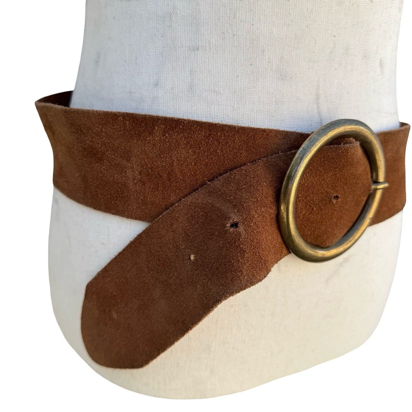 Agnes b Brown Suede Leather Wide Belt Made in France Brass Circle Buckle Size 80