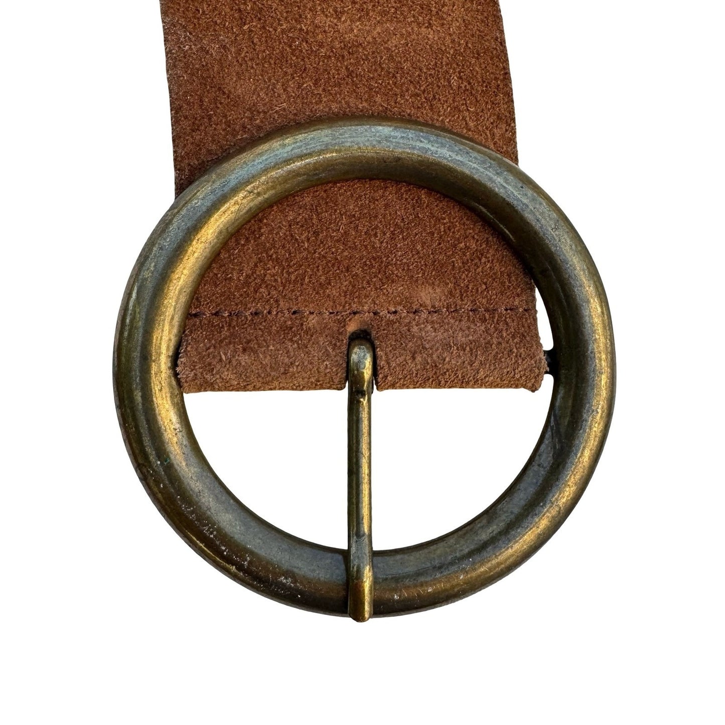 Agnes b Brown Suede Leather Wide Belt Made in France Brass Circle Buckle Size 80