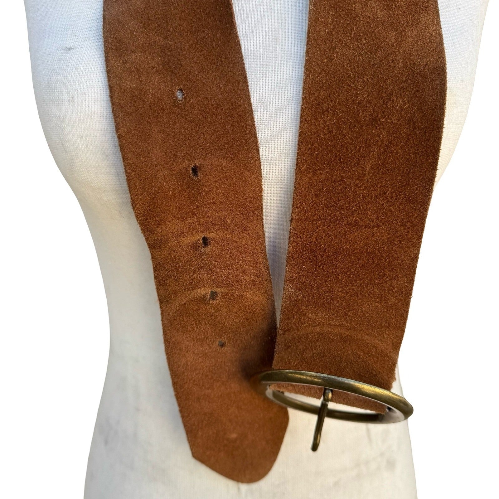 Agnes b Brown Suede Leather Wide Belt Made in France Brass Circle Buckle Size 80