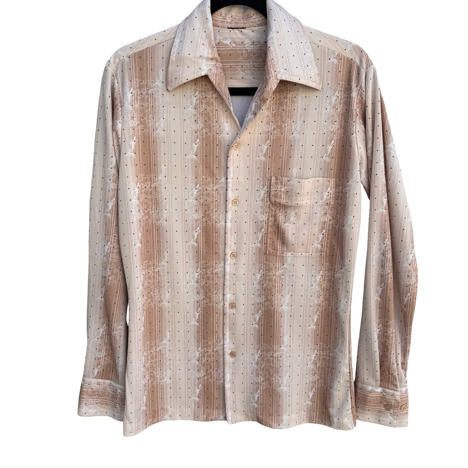 Vintage 70s Dagger Collar Groovy Button Up Shirt Tan Striped Polka Dot Disco L