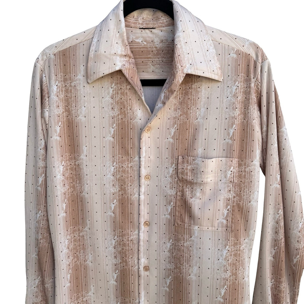 Vintage 70s Dagger Collar Groovy Button Up Shirt Tan Striped Polka Dot Disco L