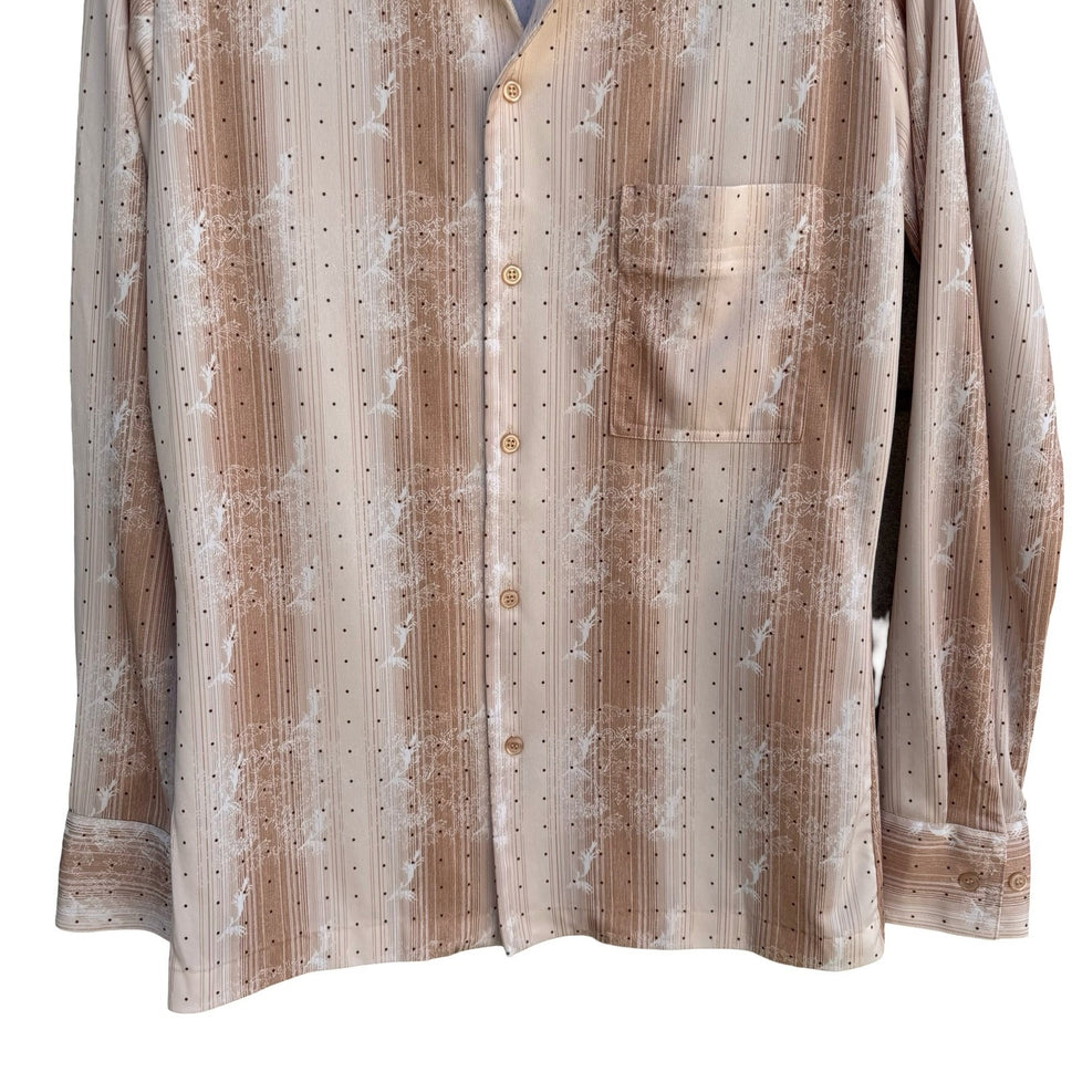 Vintage 70s Dagger Collar Groovy Button Up Shirt Tan Striped Polka Dot Disco L