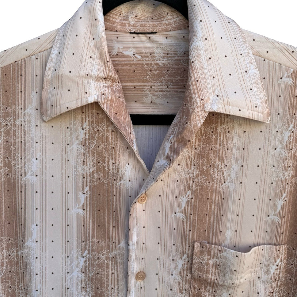 Vintage 70s Dagger Collar Groovy Button Up Shirt Tan Striped Polka Dot Disco L
