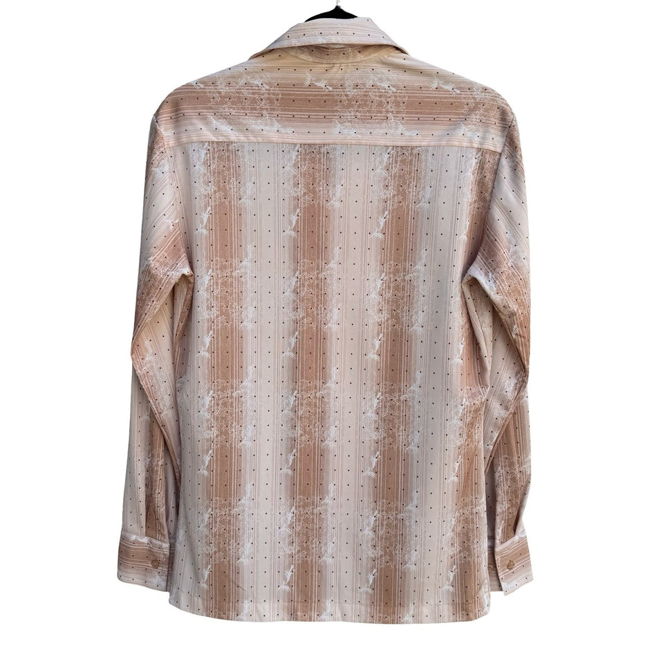 Vintage 70s Dagger Collar Groovy Button Up Shirt Tan Striped Polka Dot Disco L