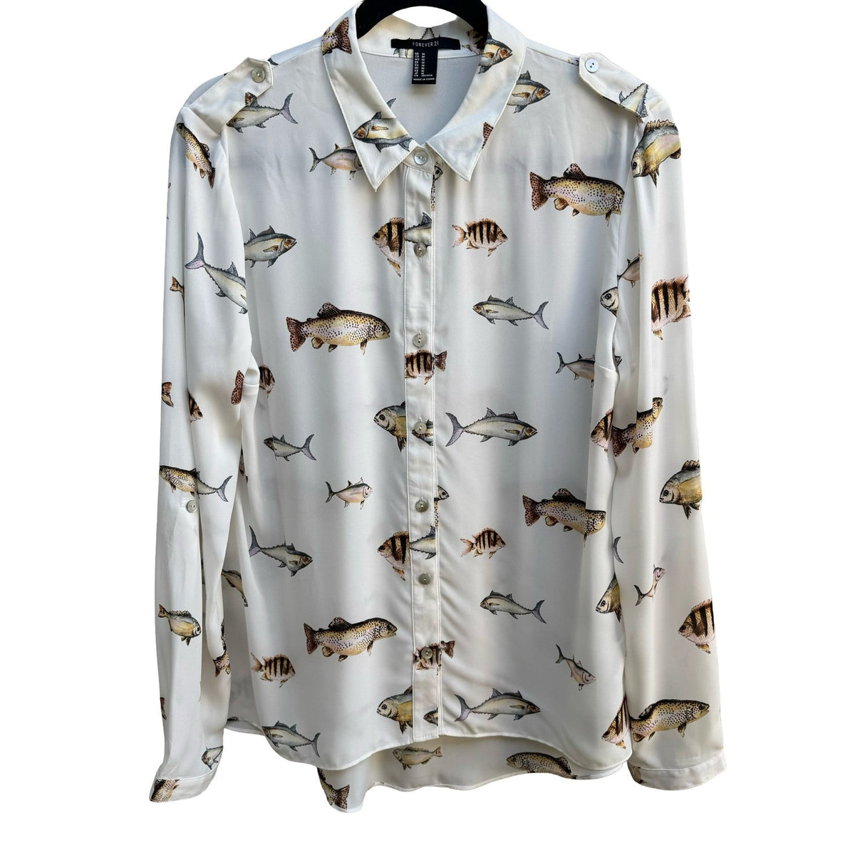 Forever 21 Novelty Fish Print Roll Tab Nautical Whimsical Quirky Blouse White M