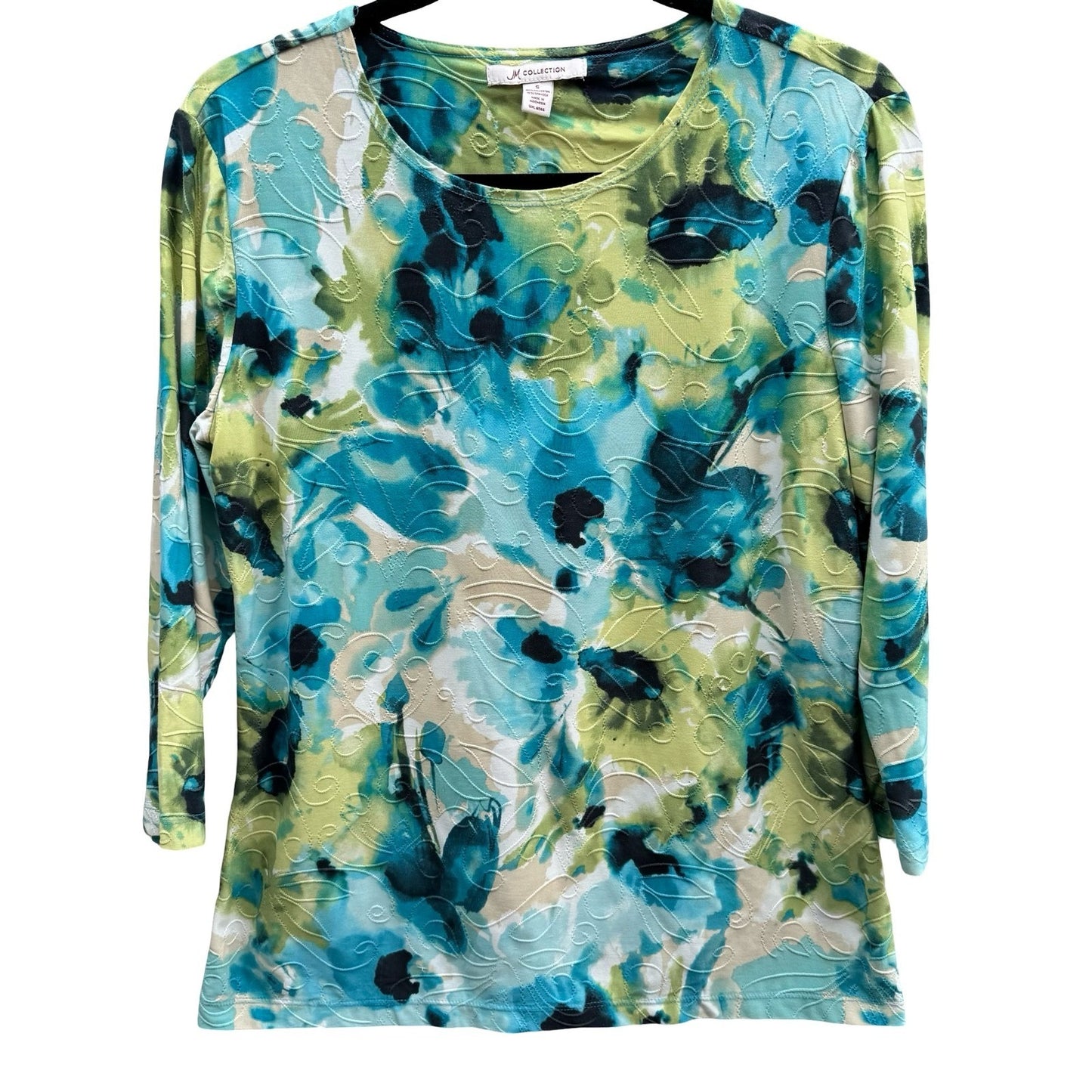 JM Collection Art To Wear Watercolor Floral 3/4 Sleeve Textured Boho Top Teal S